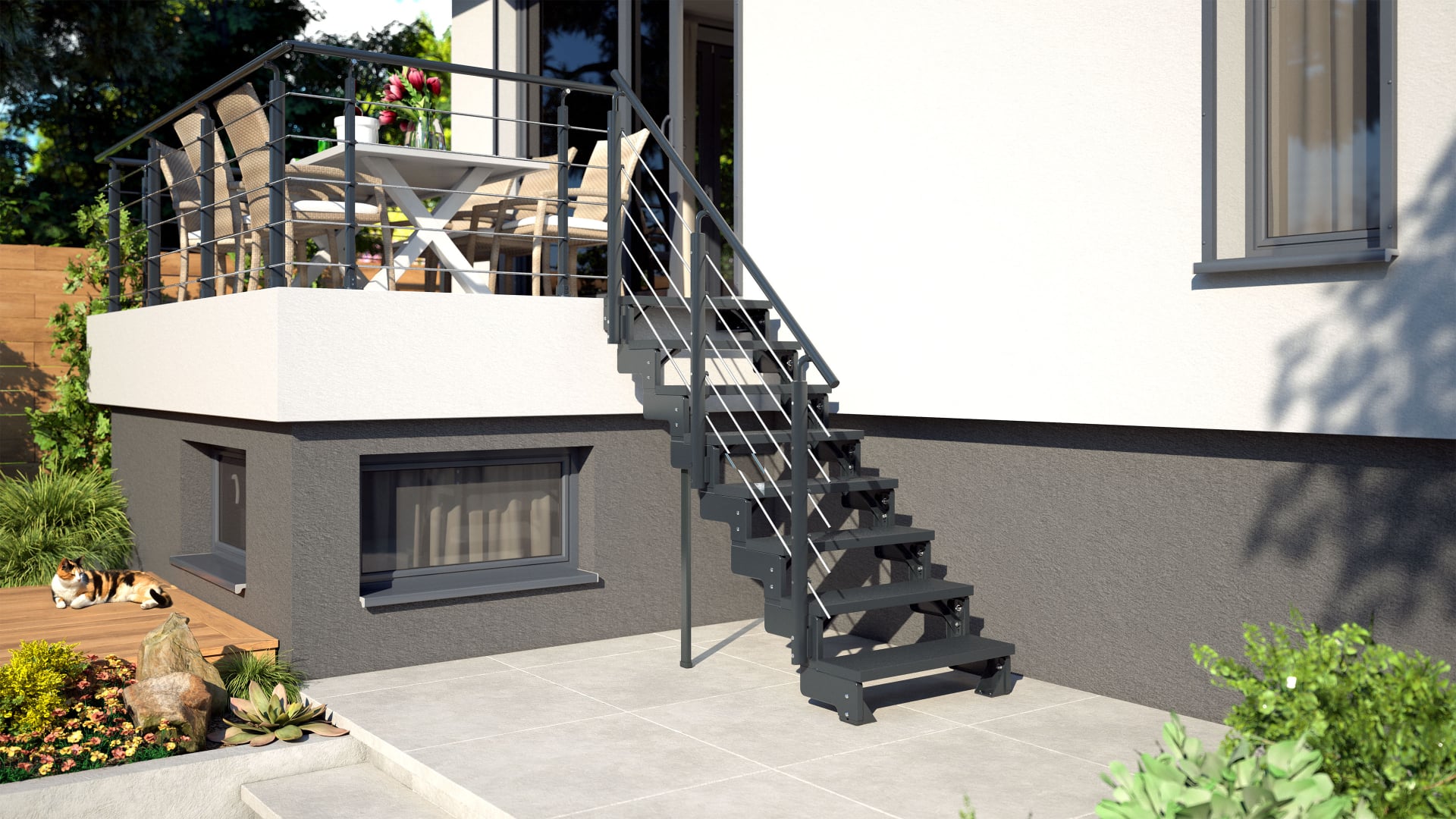 Außentreppe Gardentop mit TRIMAX®-Stufen und anthrazitfarbener Unterkonstruktion Anthracite, RAL 7016