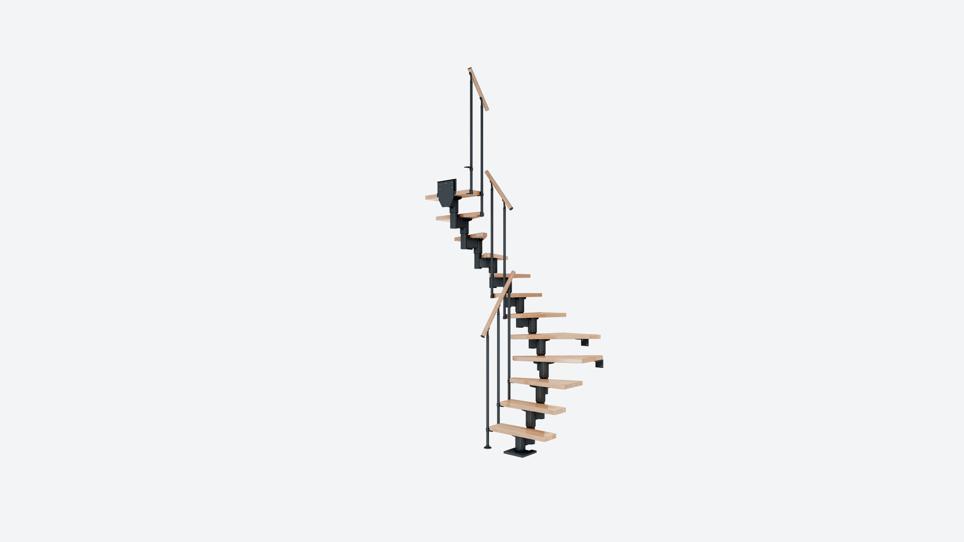Mittelholmtreppe Dublin mit schwarzer Unterkonstruktion und Holzstufen, halbgewendelte Ausführung. Mittelholmtreppe DUBLIN Black
