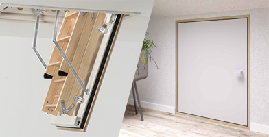 Collage einer Feuerhemmenden Bodentreppe mit ausgeklapptem Leiternteil und geschlossener Kniestockt&uuml;r