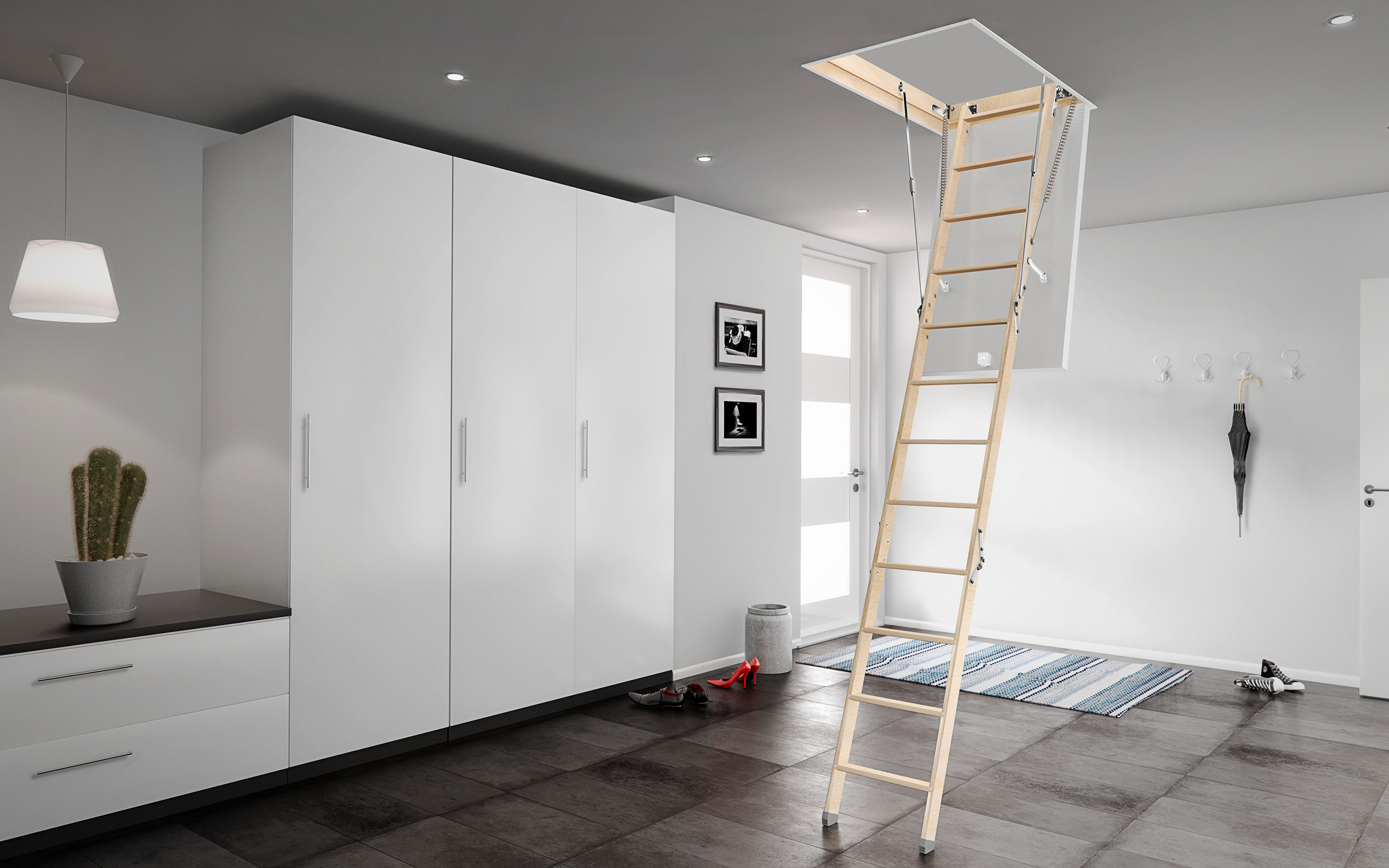 Loft ladder with pull-down timber ladder